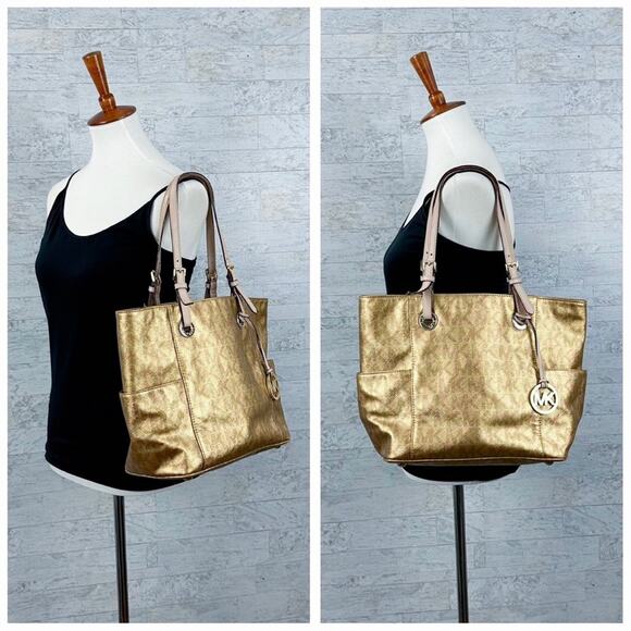 Michael Kors metallic gold Jet Set East West travel monogram logo tote - Picture 3 of 8